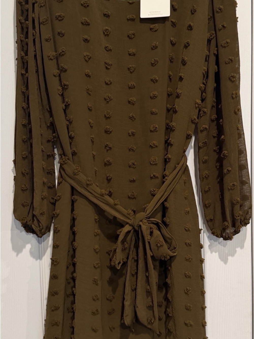 DownEast Olive Pom-Pom Textured Long Sleeve Tie-Waist Dress